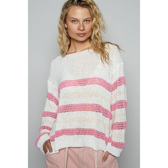 POL Striped Print Openwork Round Neck Relaxed Fit Knit Pullover Sweater | Ivory - Picture 3 of 6